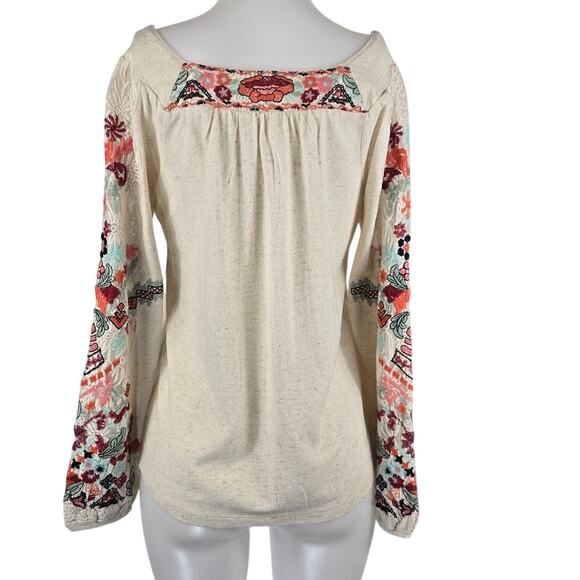 Soft Surroundings Linen Blend Tan Embroidered Flowers Women's Blouse S - Picture 4 of 6